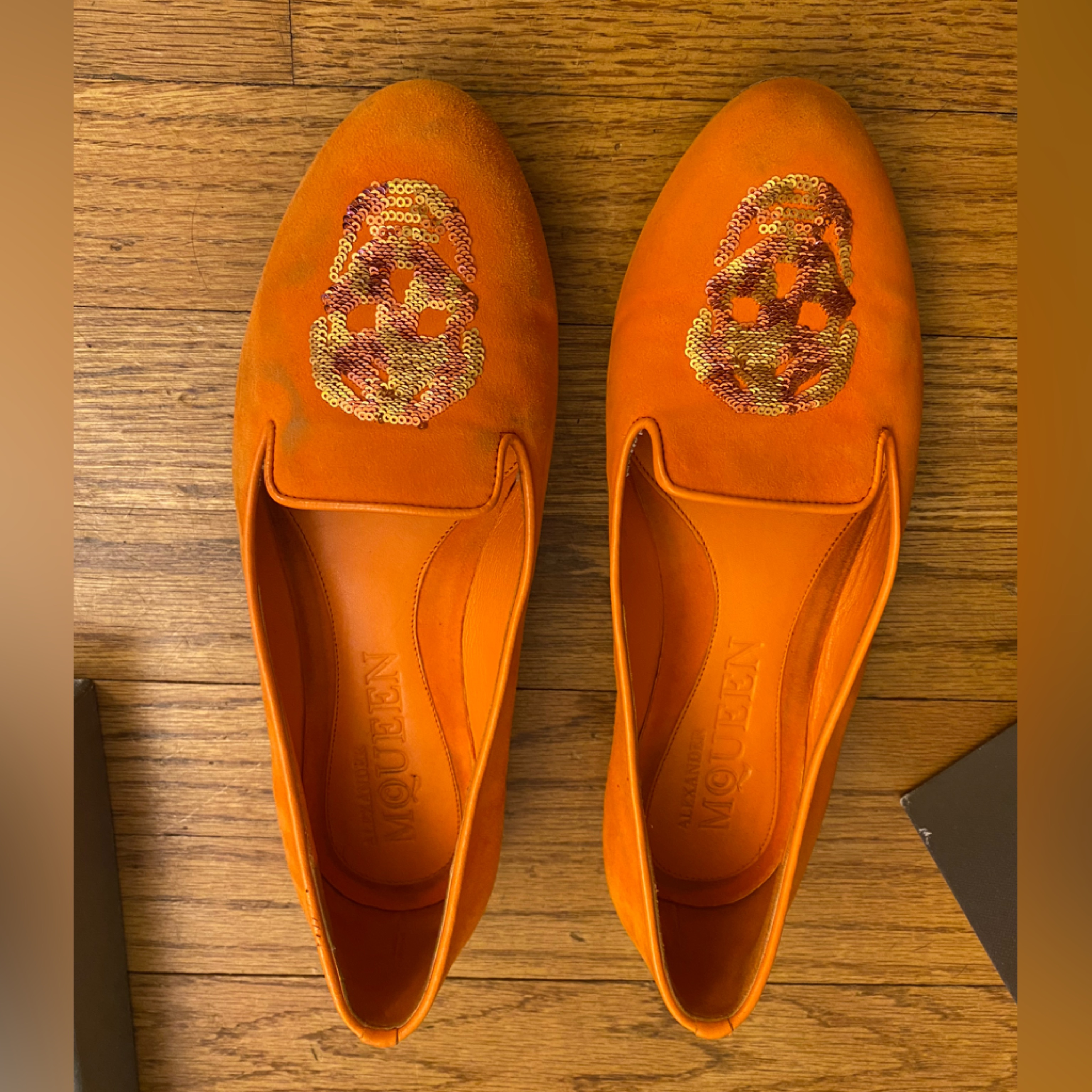 Alexander Mcqueen Skull-Vamp Suede Belgian Loafer, Orange - Size 6